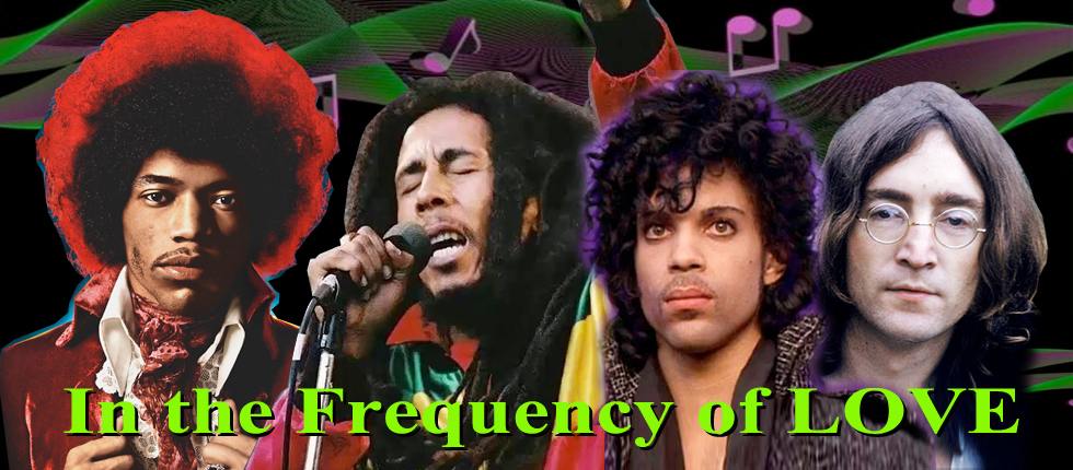 A portrait of Hendrix, Marley, Prince and Lennon in the Frequency of LOVE.